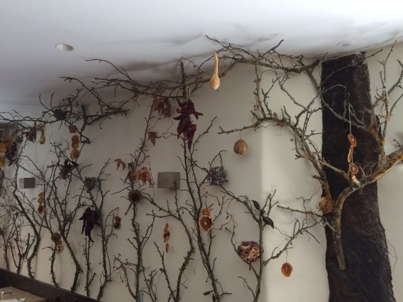 An interesting decoration made of grapevines, dried fruit and flowers in a cafe in Ezcaray