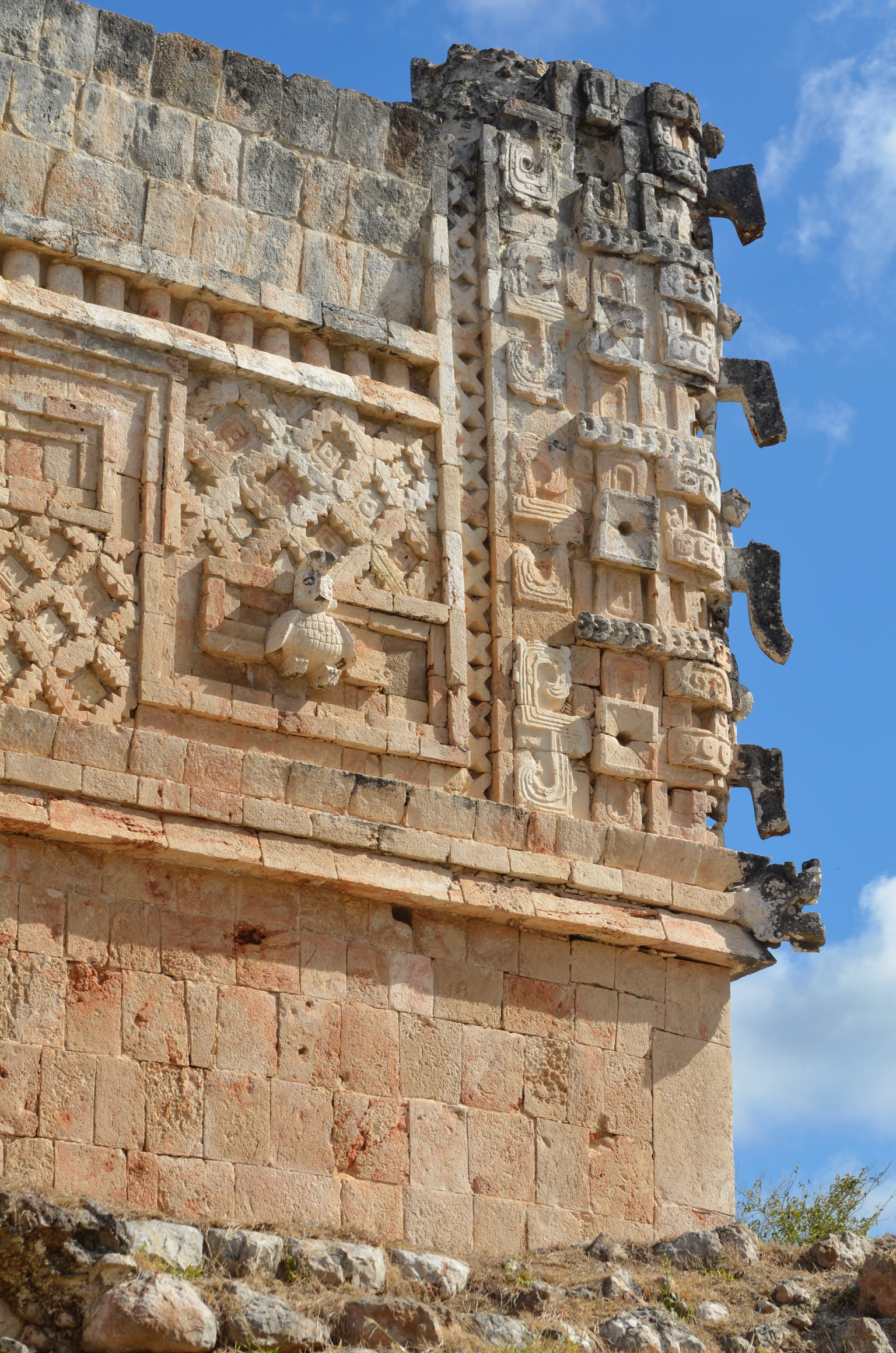 Detail of the Temple of Chaak at Uxmal. Chaak's noses are all pointing down, which is a prayer for rain.