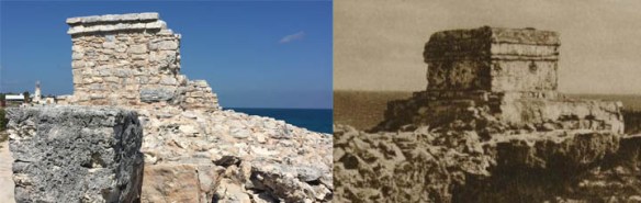 On the left, the temple of Ixchel on Isla Mujeres today. On the right, what it looked like 100 years ago. Hurricanes have taken their toll over the past century.
